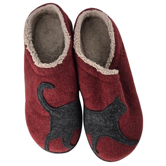 LL Bean Womens Daybreak Scuffs Kitty Cat Wool Comfort Slippers Rubber Sole Red - Picture 1 of 5